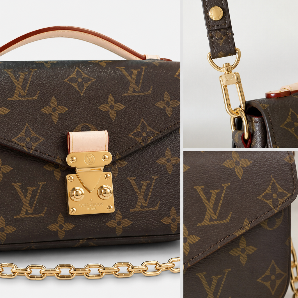 Dark brown monogram — close-up details of material, pattern and hardware.