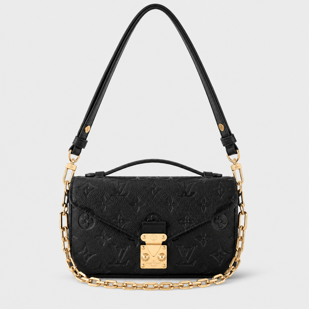 Black embossed monogram — front view.