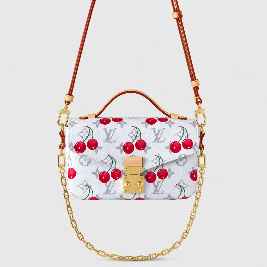 White cherry monogram — front view.