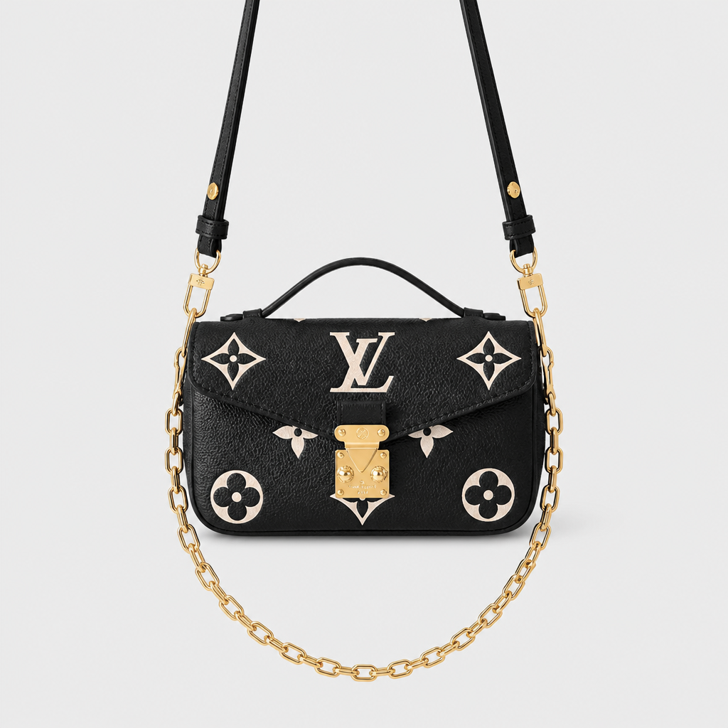 Black oversized white motif — front view.
