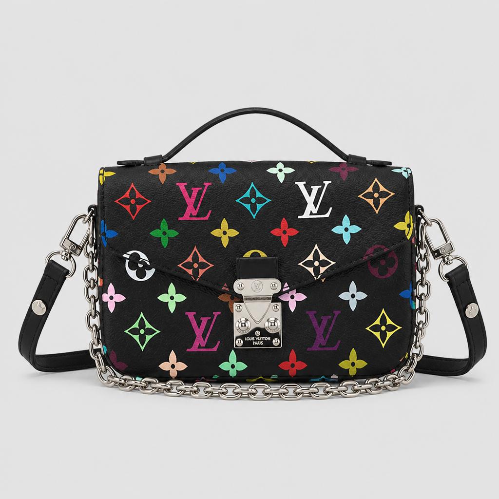 Black multicolor motif, silver chain — front view.