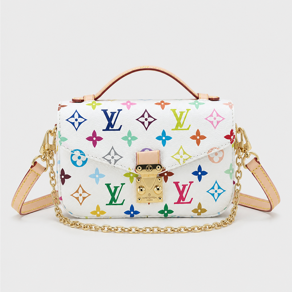White multicolor motif, gold chain — front view.