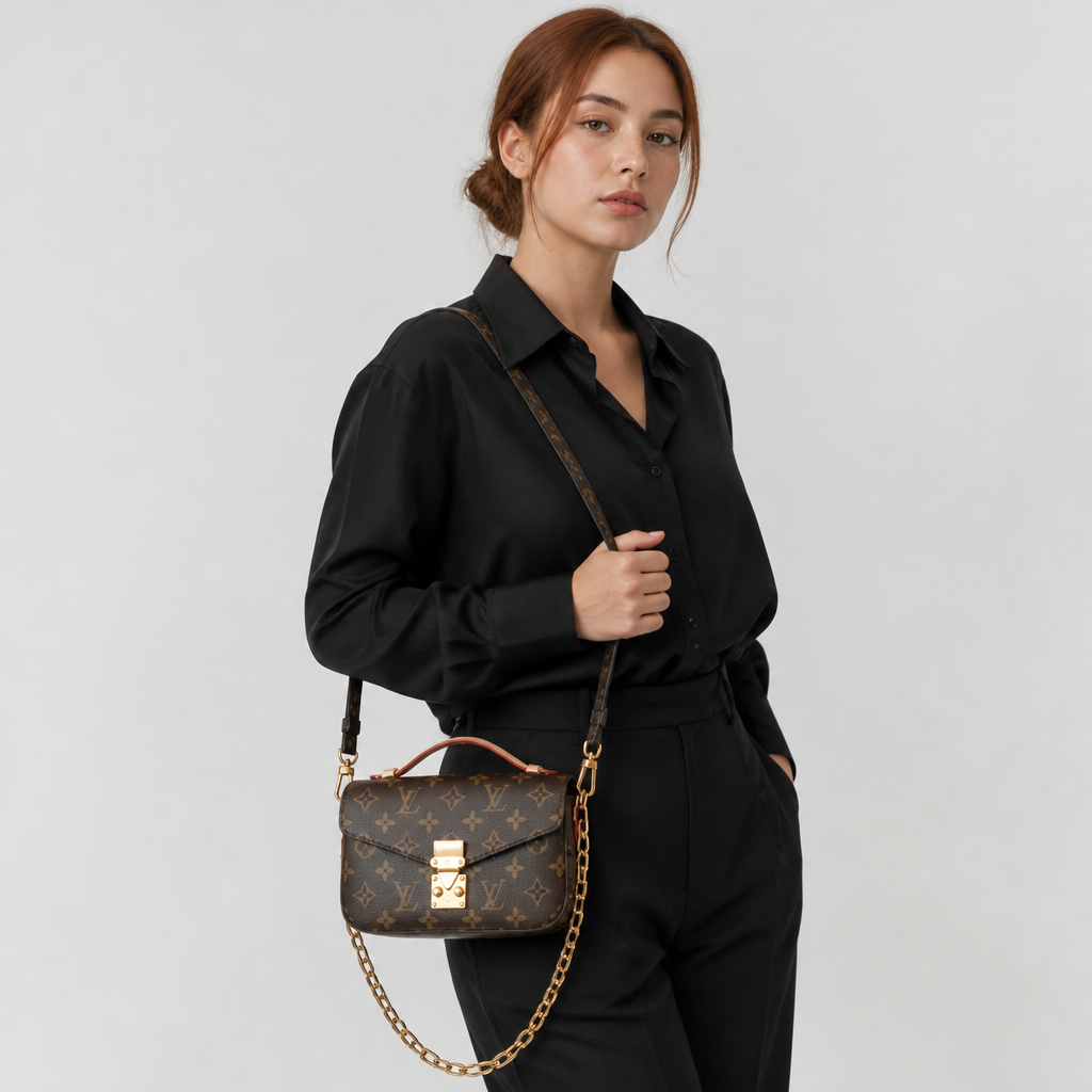 Dark brown monogram — studio model photo.