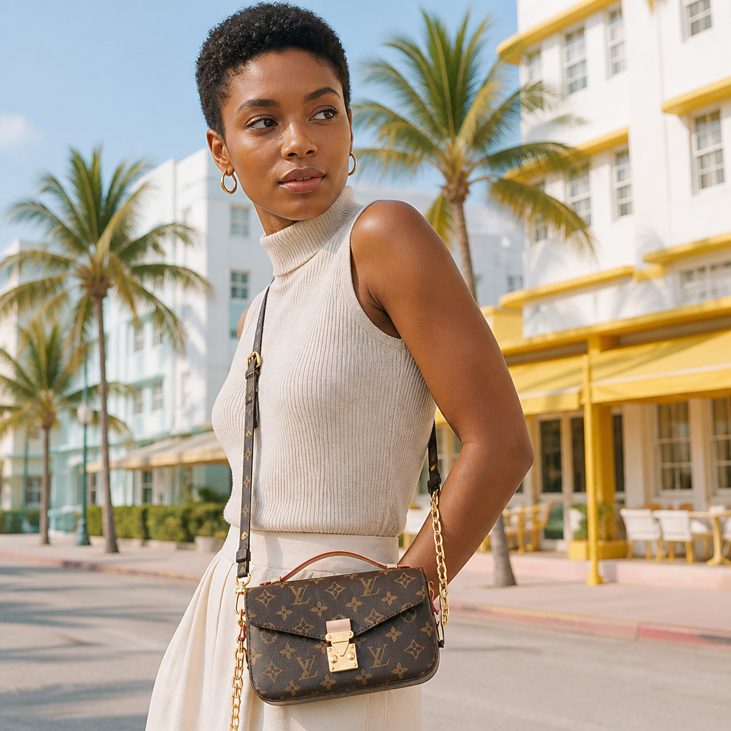 Dark brown monogram — lifestyle photo in Miami.