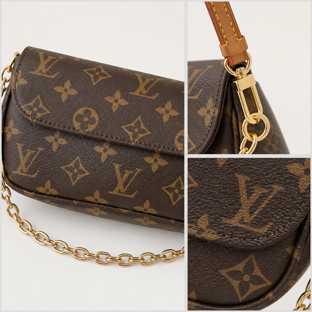 Brown monogram, tan strap — close-up details of material, pattern and hardware.
