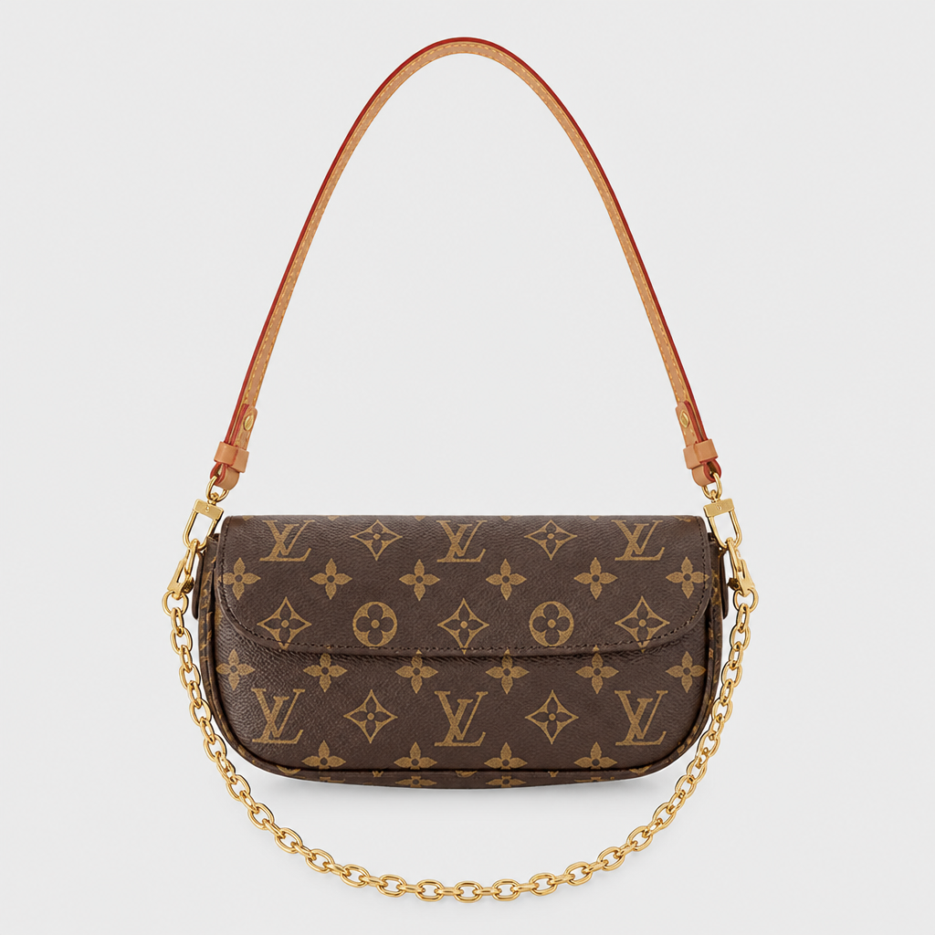 Brown monogram, tan strap — front view.