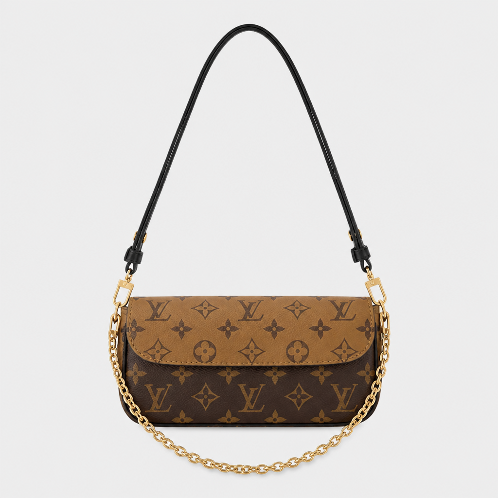 Dark brown monogram, black strap — front view.