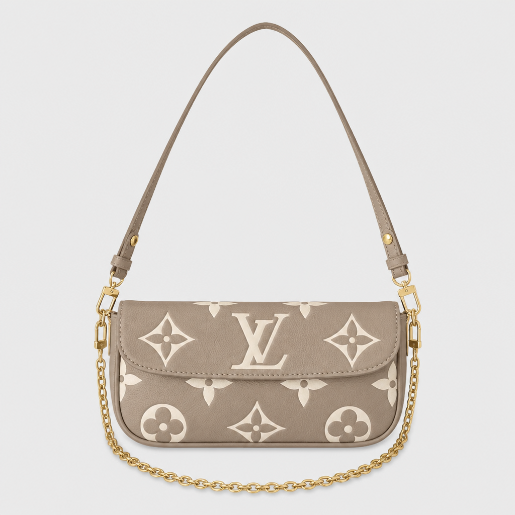Taupe oversized white motif — front view.