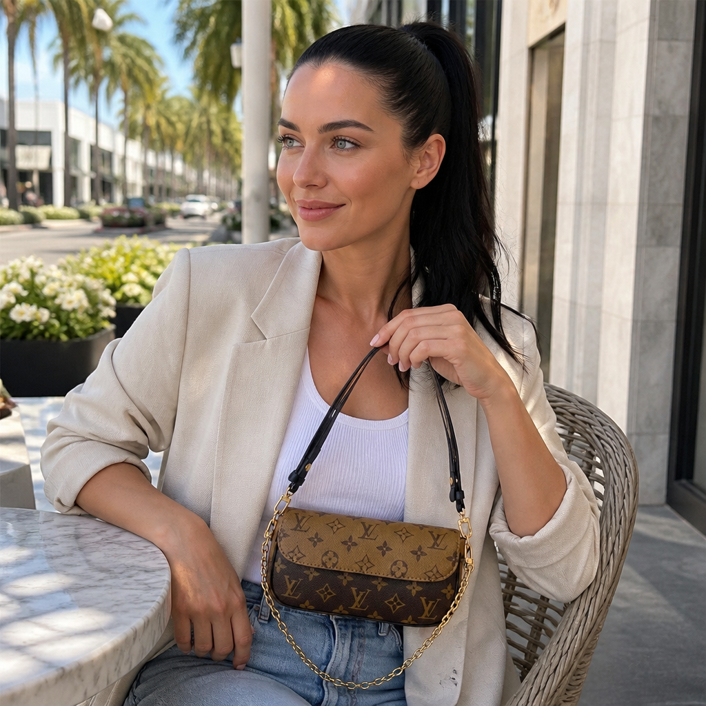 Dark brown monogram, black strap — lifestyle photo in Los Angeles.