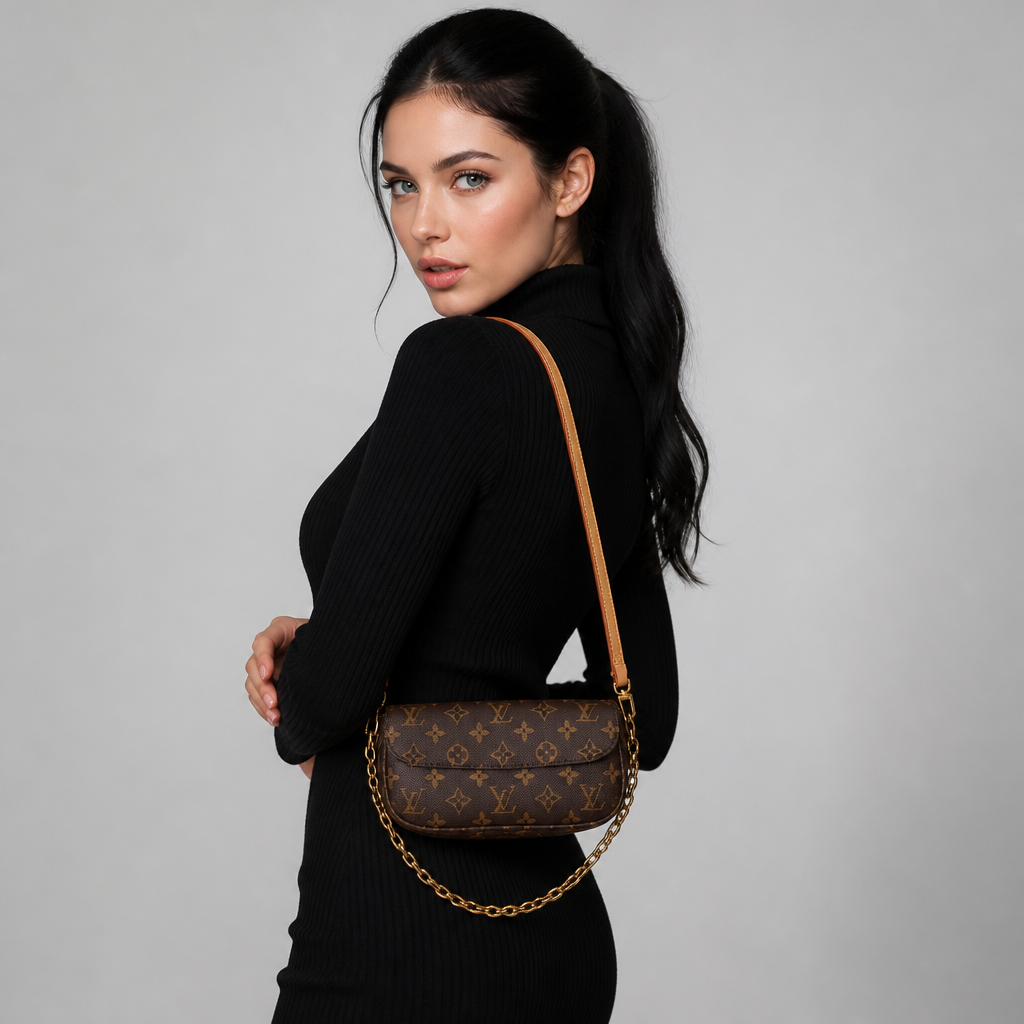 Brown monogram, tan strap — studio model photo.