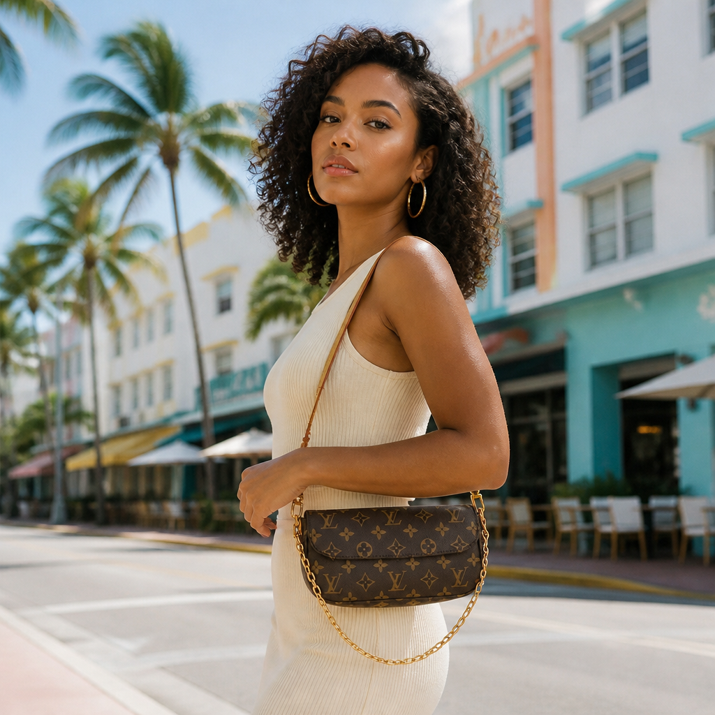 Brown monogram, tan strap — lifestyle photo in Miami.