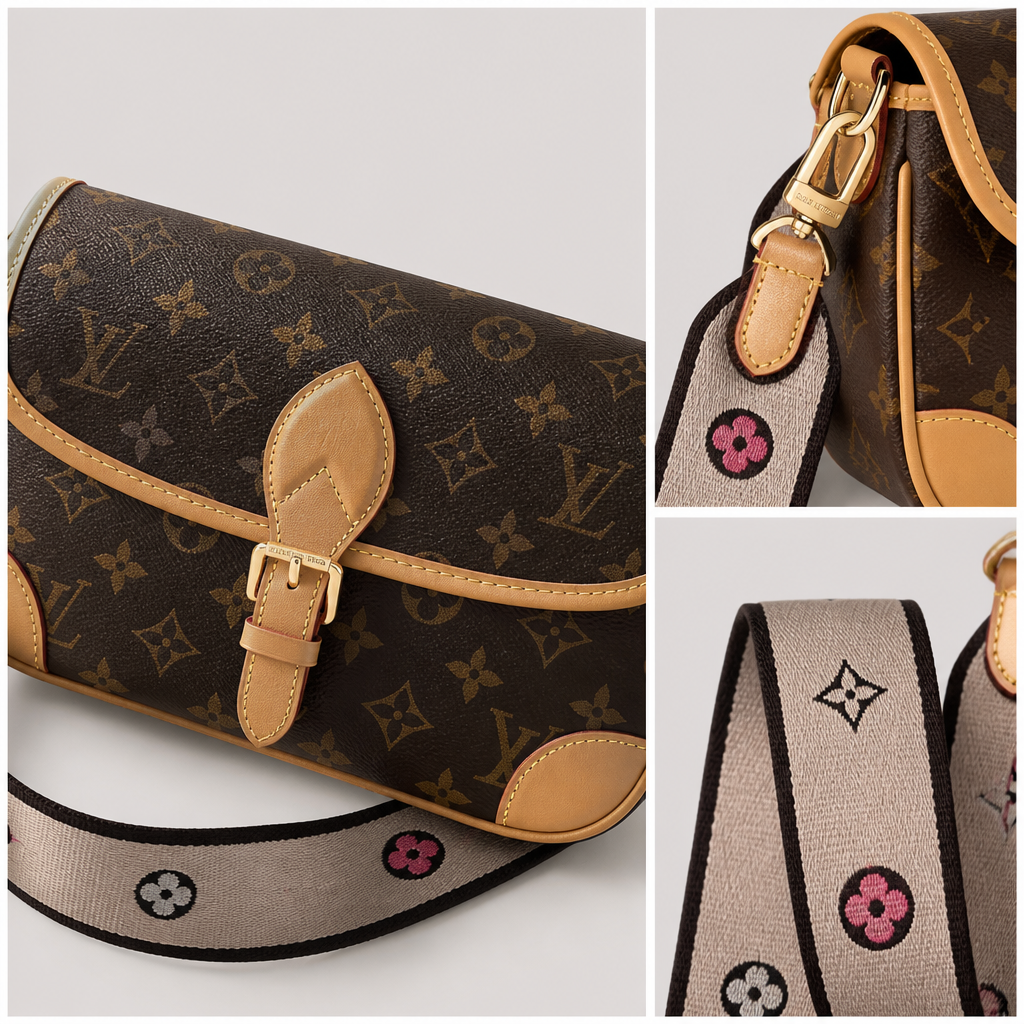 Brown monogram, beige printed strap — close-up details of material, pattern and hardware.