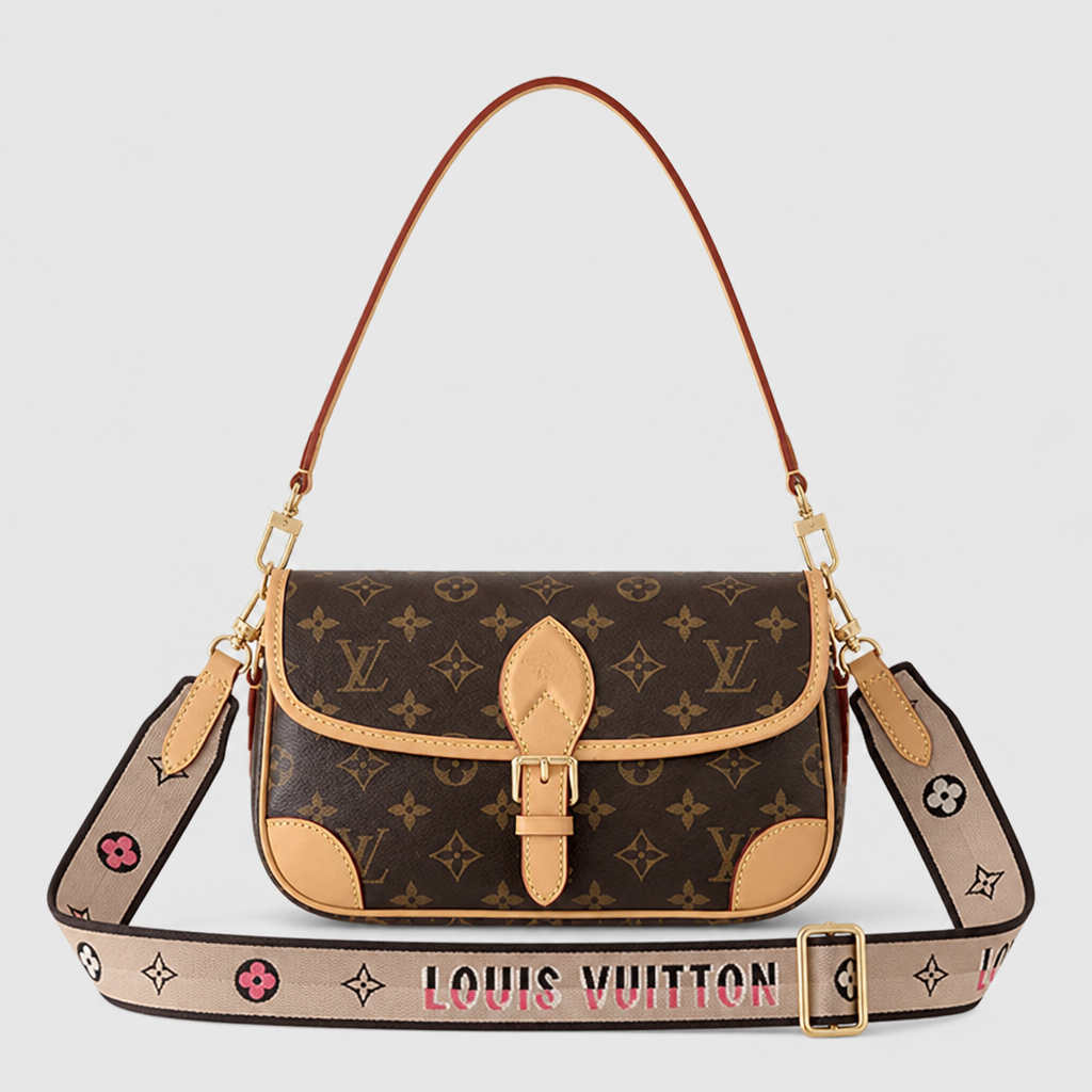Brown monogram, beige printed strap — front view.