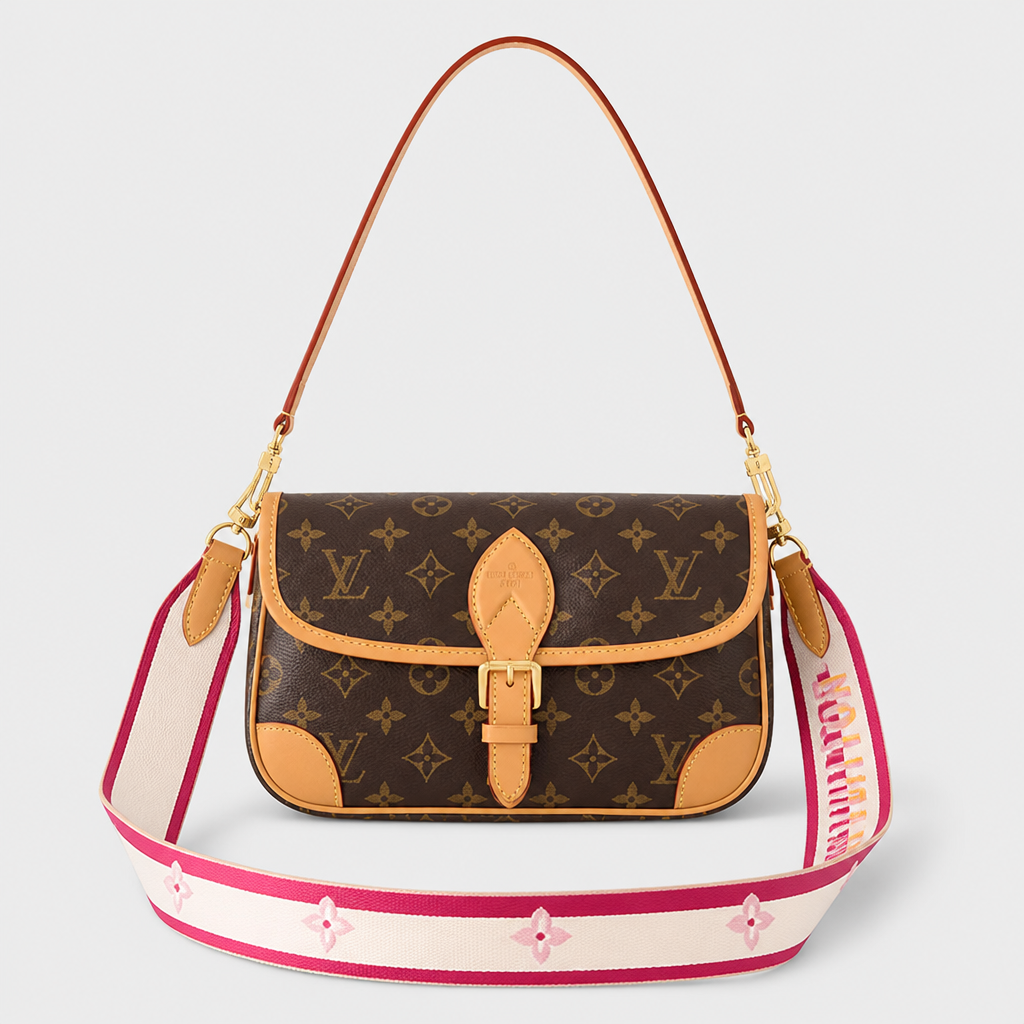 Brown monogram, white/pink printed strap — front view.
