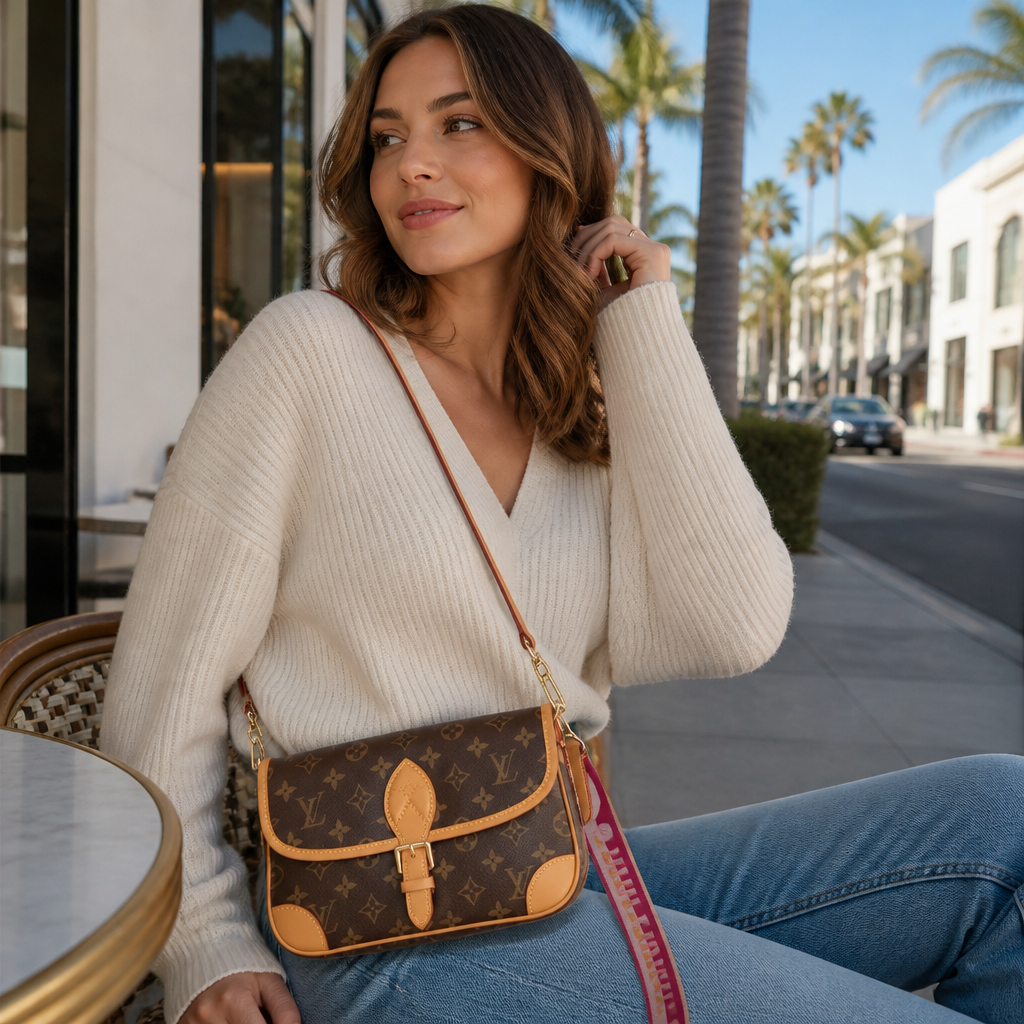 Brown monogram, white/pink printed strap — lifestyle photo in Los Angeles.
