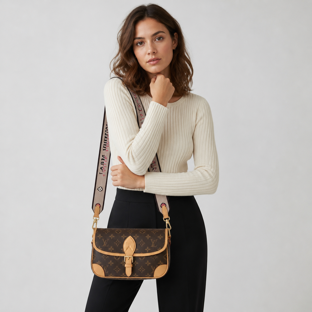 Brown monogram, beige printed strap — studio model photo.
