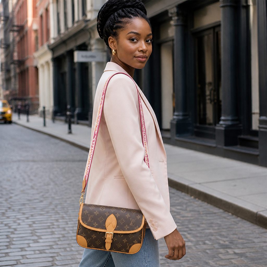 Brown monogram, white/pink printed strap — lifestyle photo in New York City.