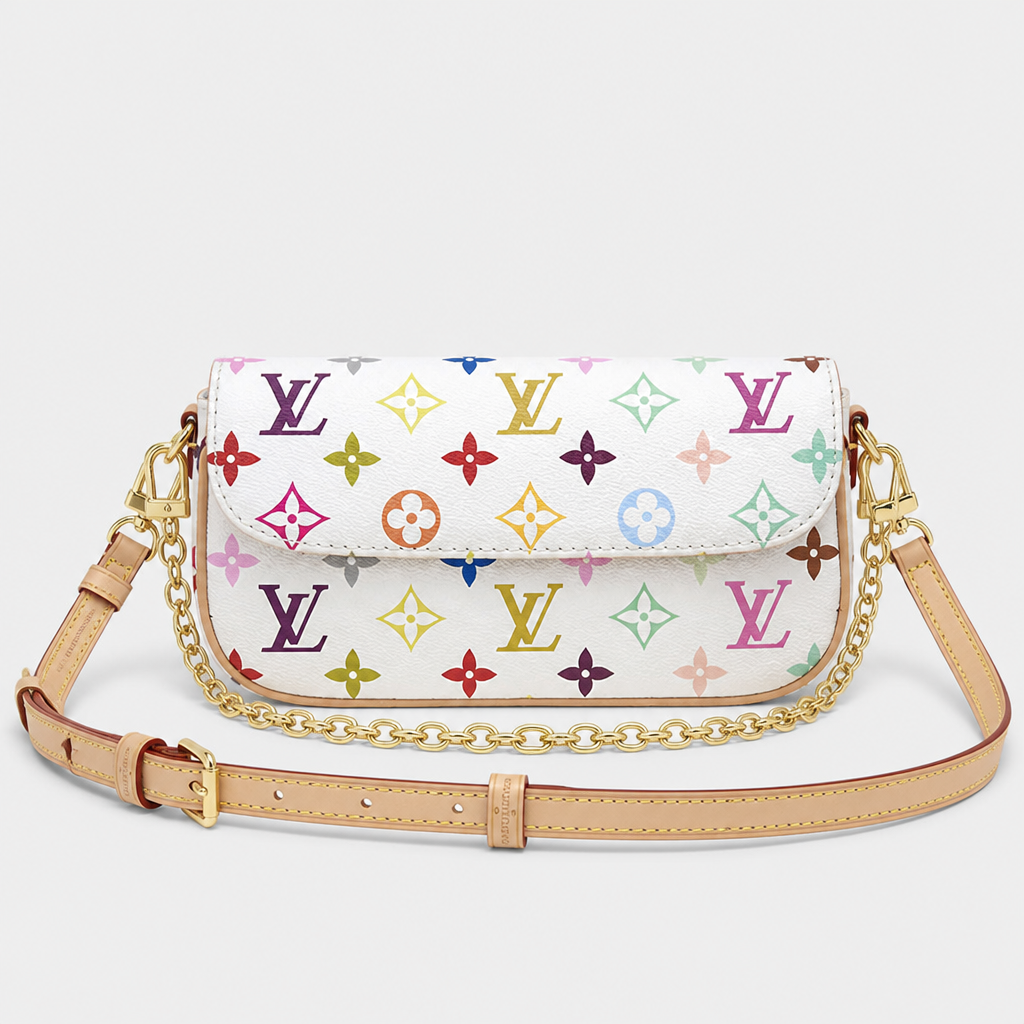 White multicolor monogram — front view.