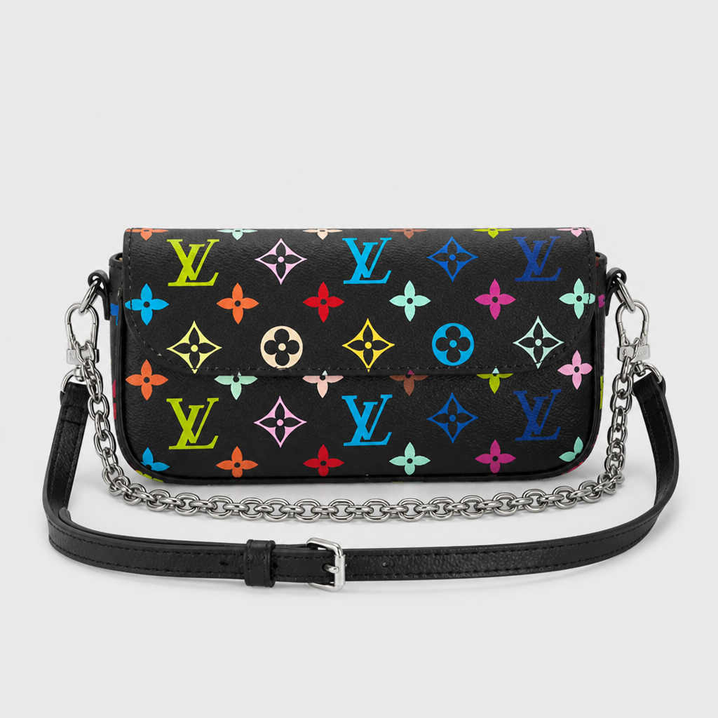 Black multicolor monogram — front view.