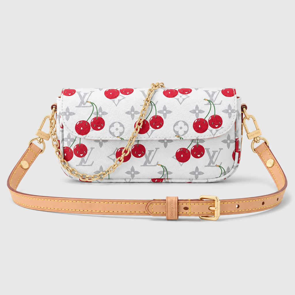 White cherry monogram — front view.