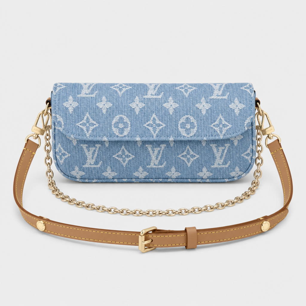 Light blue denim-like monogram — front view.