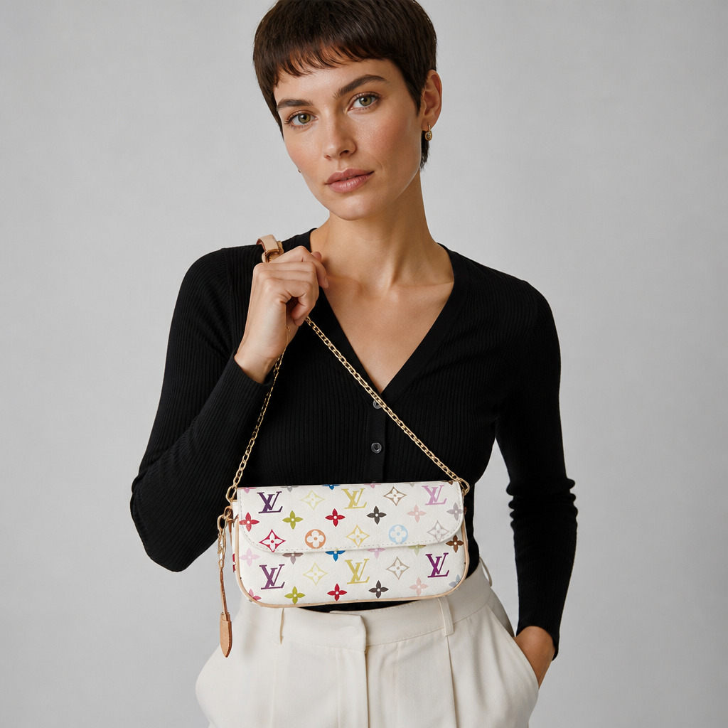 White multicolor monogram — studio model photo.