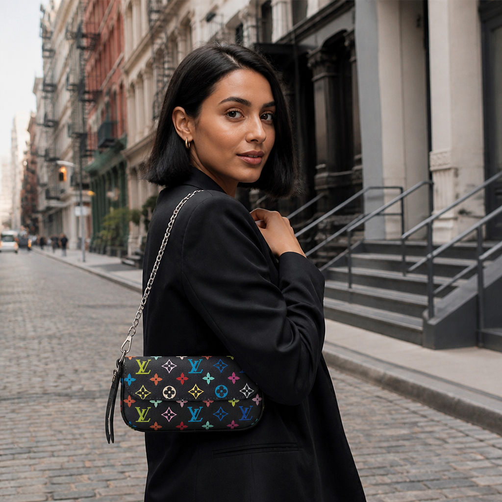 Black multicolor monogram — lifestyle photo in New York City.