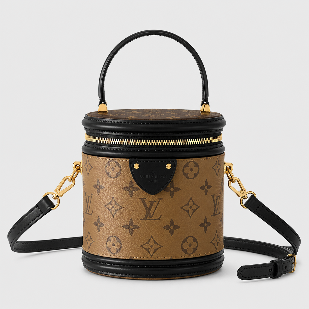 Brown monogram with black trim — front view.