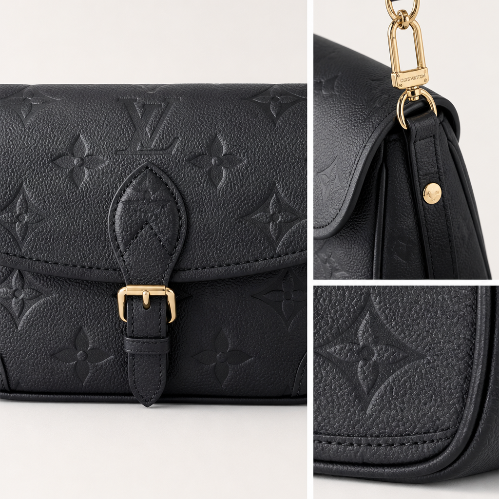 Charcoal embossed monogram — close-up details of material, pattern and hardware.