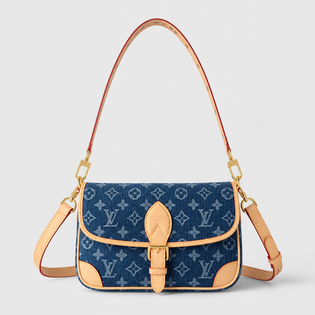 Medium blue denim-like monogram — front view.