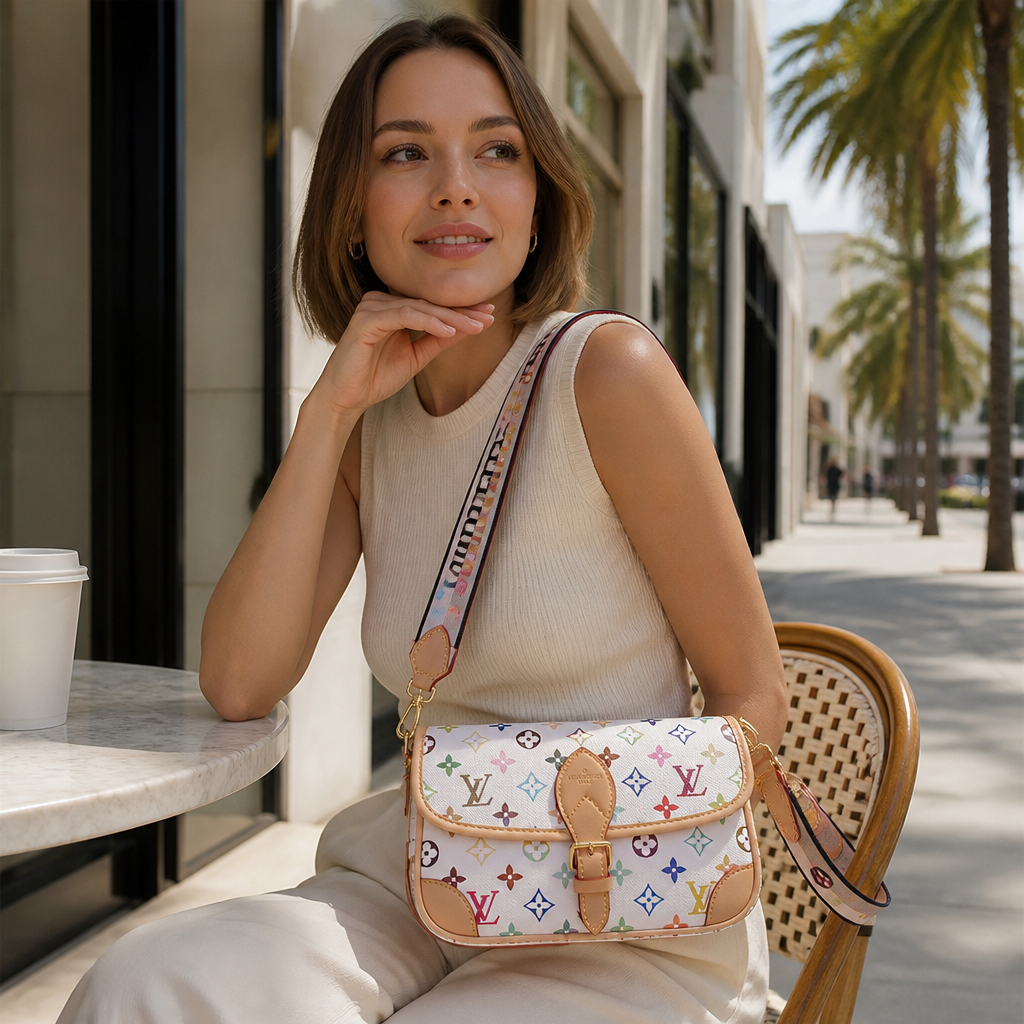 White multicolor with pink wide strap — lifestyle photo in Los Angeles.