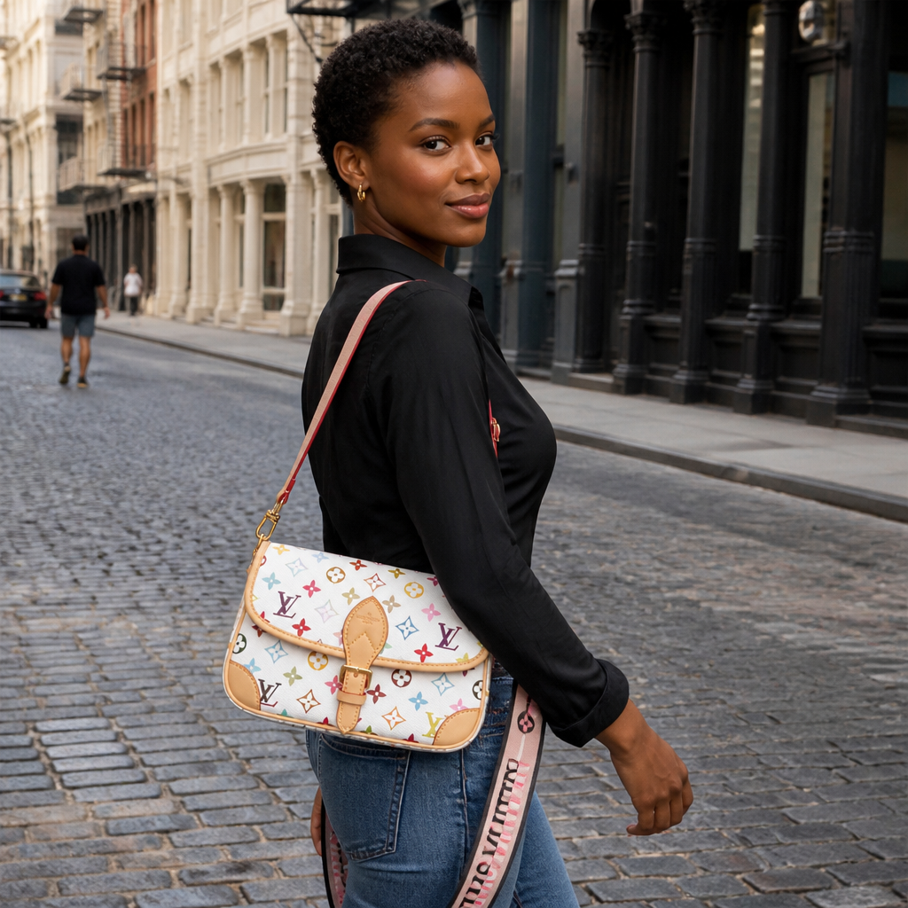 White multicolor with pink wide strap — lifestyle photo in New York City.