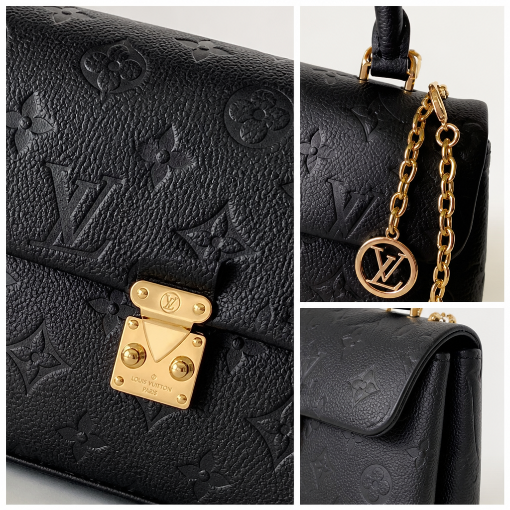 Small black embossed monogram, gold chain — close-up details of material, pattern and hardware.