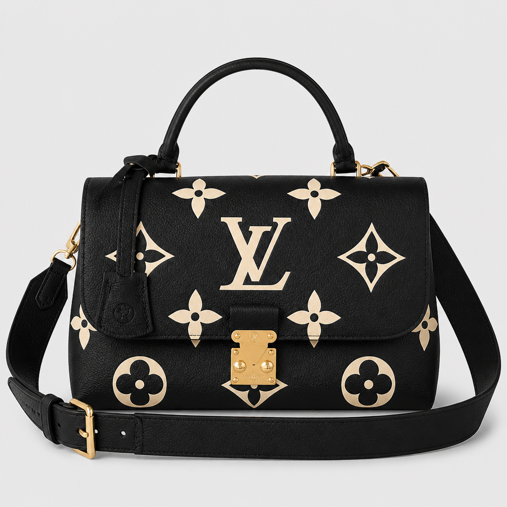 Large black oversized ivory motif, adjustable wide strap — front view.