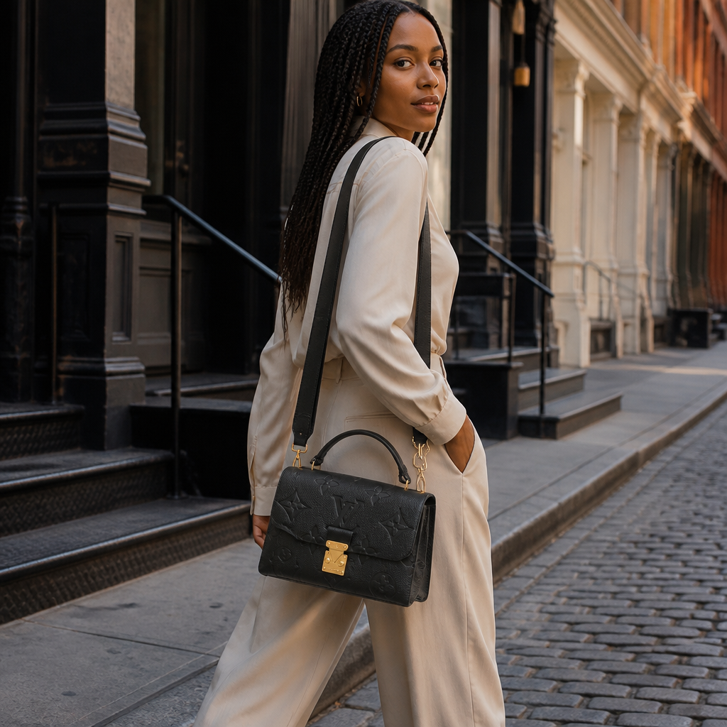 Medium black embossed monogram, wide strap — lifestyle photo in New York City.