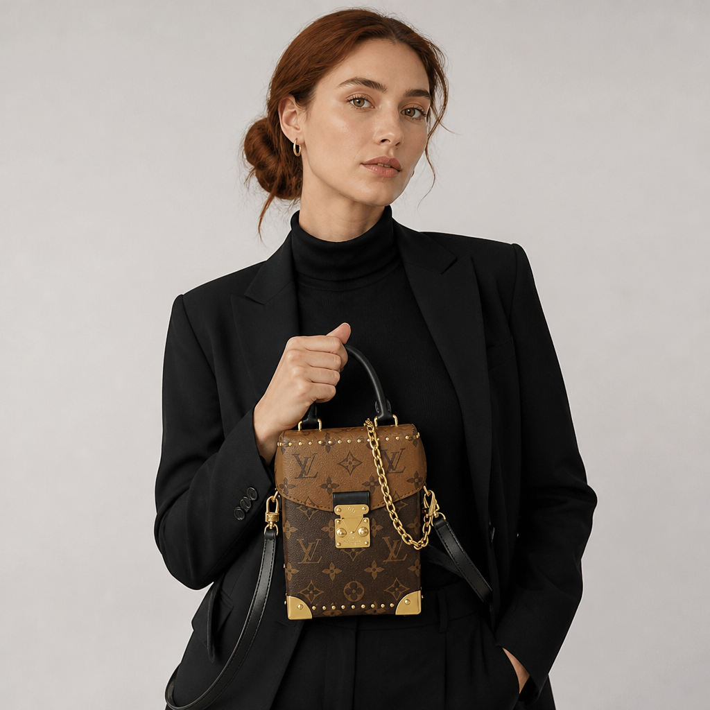 JT verified 15428695851258-model-a-studio 23e5cb75266d — Brown monogram with black trim