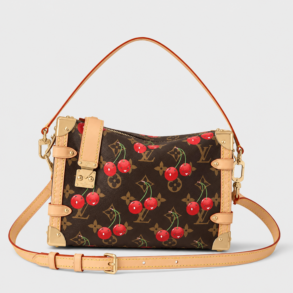JT verified 15428695982330-front-006 fee0664b9f91 — Brown cherry monogram with tan trim, large