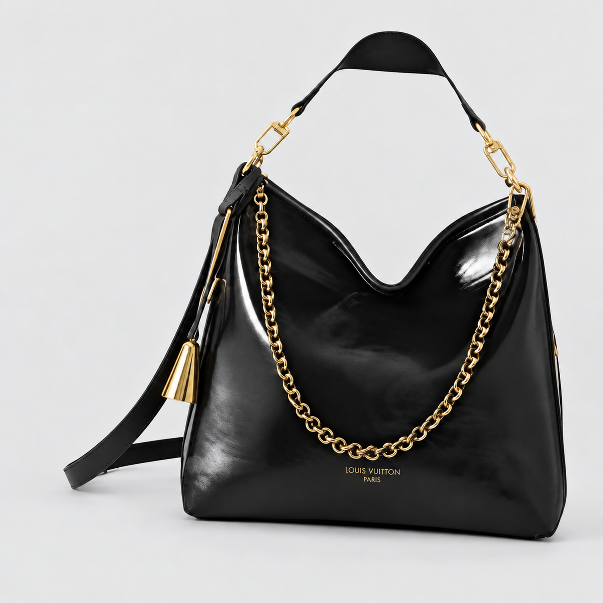 Black chain-trim hobo shoulder bag — logo detail corrected, October 12