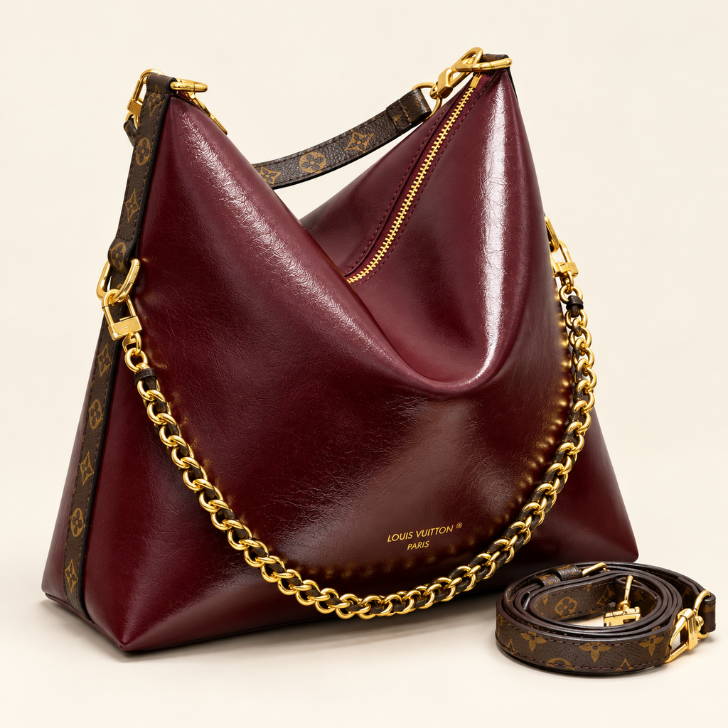 Burgundy chain-trim hobo shoulder bag — logo detail corrected, October 12