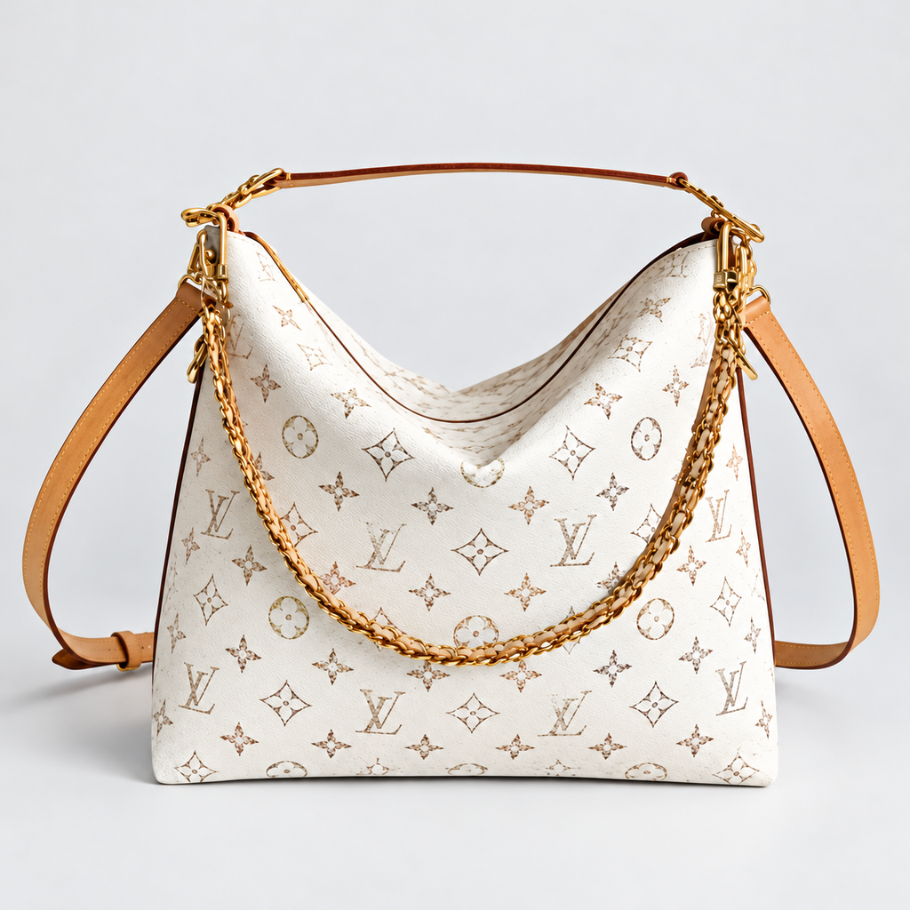 Cream Monogram chain-trim hobo shoulder bag — logo detail corrected, October 12