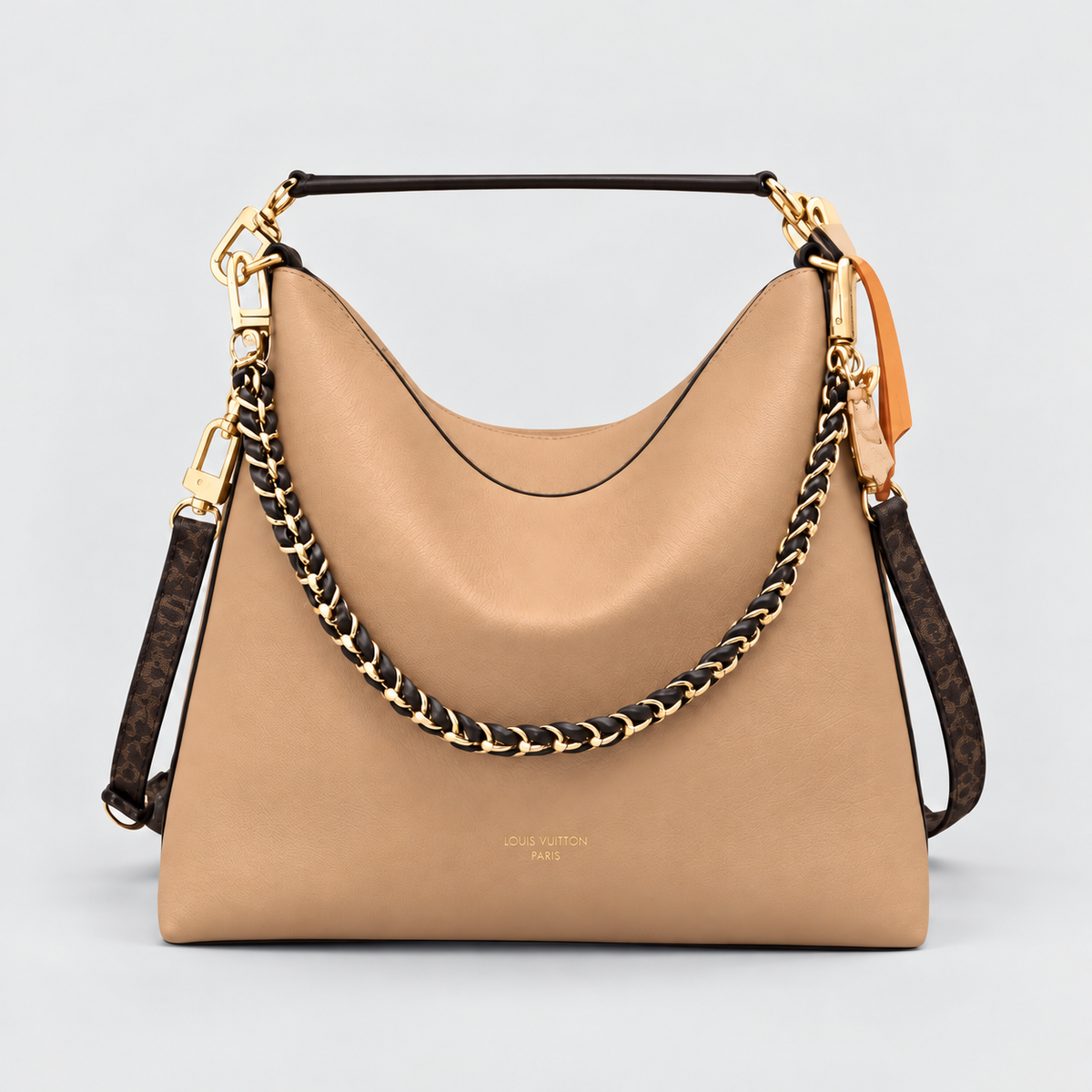 Tan chain-trim hobo shoulder bag — logo detail corrected, October 12