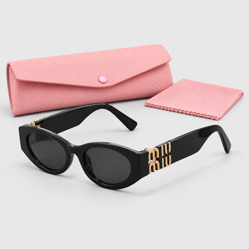 JT SOP 2026-10-06 — Black Frame / Dark Lenses / Sunglasses With Pink Case And Cleaning Cloth