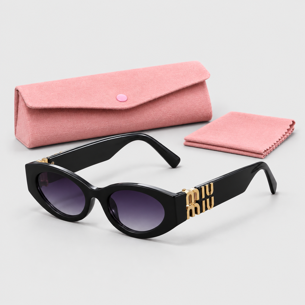 JT SOP 2026-10-06 — Black Frame / Purple Lenses / Sunglasses With Pink Case And Cleaning Cloth