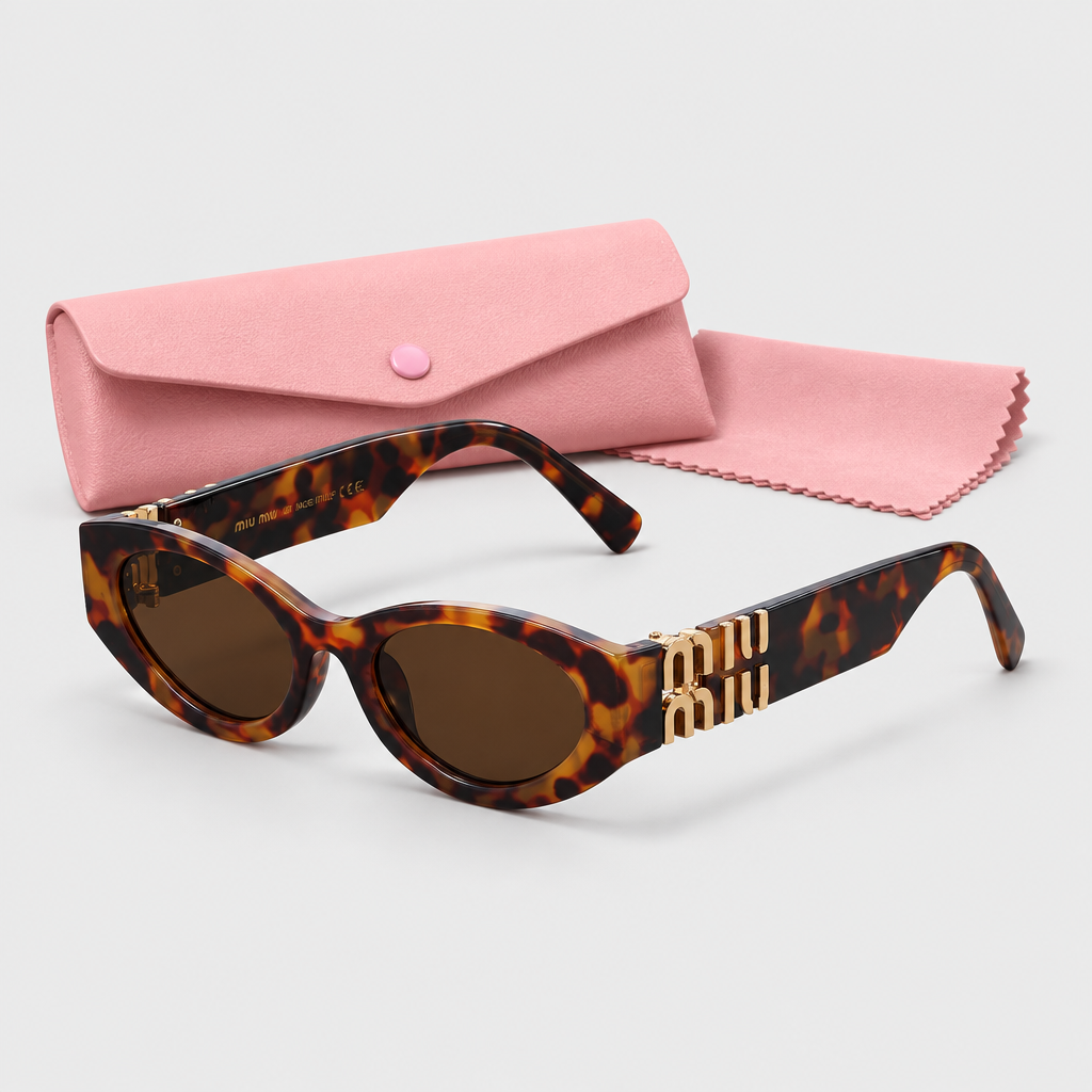 JT SOP 2026-10-06 — Tortoiseshell Frame / Brown Lenses / Sunglasses With Pink Case And Cleaning Cloth