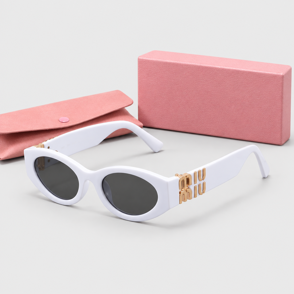 JT SOP 2026-10-06 — White Frame / Gray Lenses / Sunglasses With Pink Case And Cleaning Cloth
