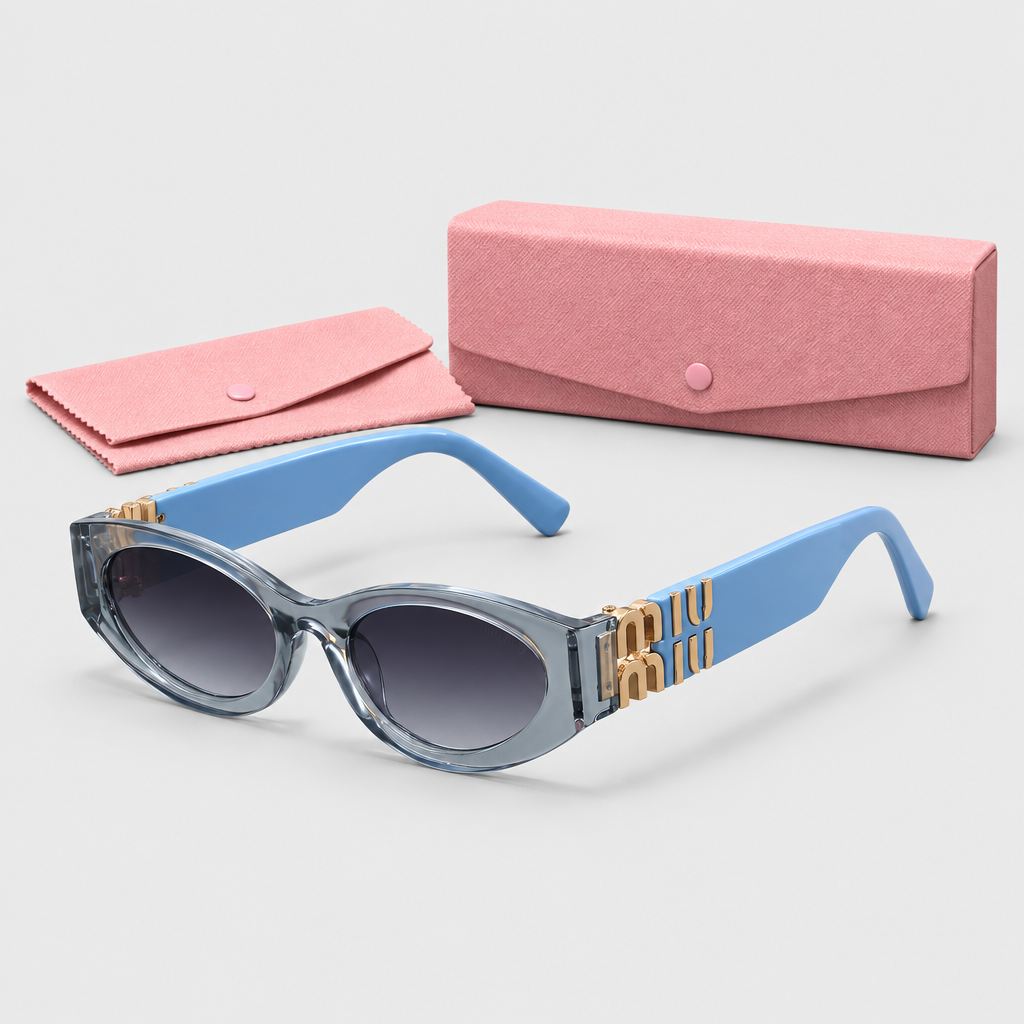 JT SOP 2026-10-06 — Blue Frame / Gray Lenses / Sunglasses With Pink Case And Cleaning Cloth