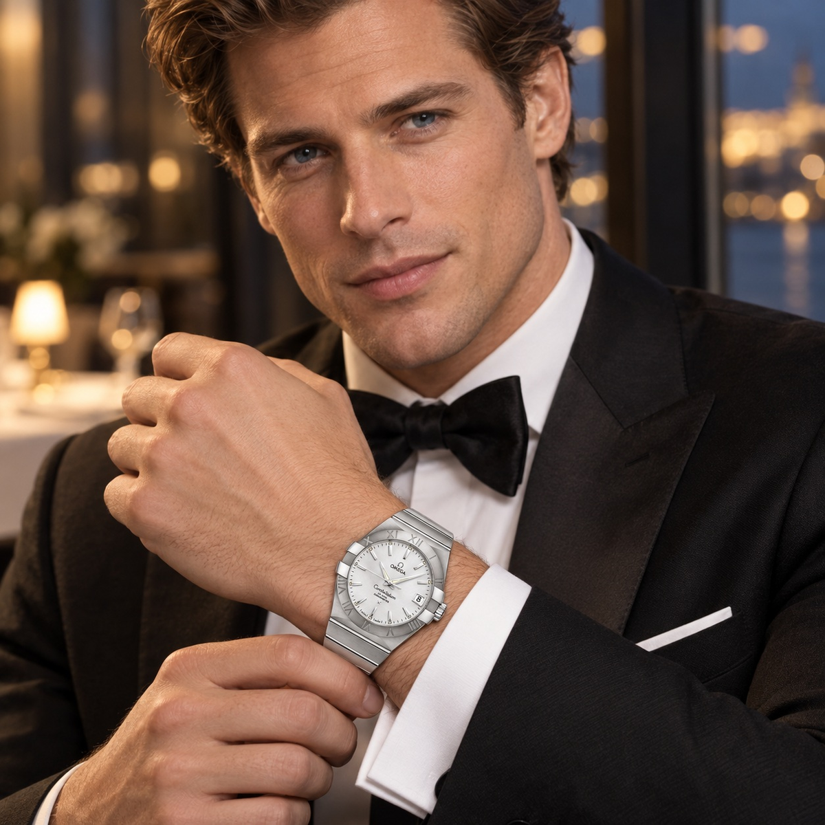 Integrated Bracelet Roman-Dial Watch worn by a male model in formal tailored styling