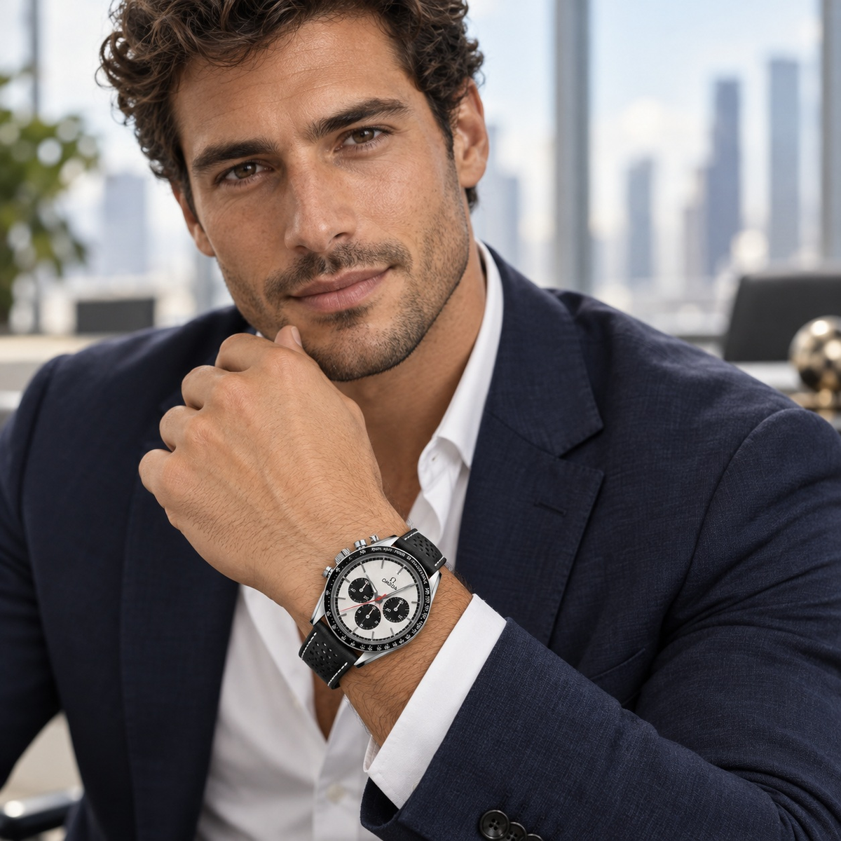 Polished Three-Register Chronograph worn by a male model in formal tailored styling