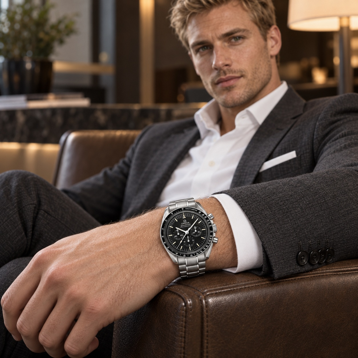 Baton-Dial Tachymeter Bracelet Watch worn by a male model in formal tailored styling
