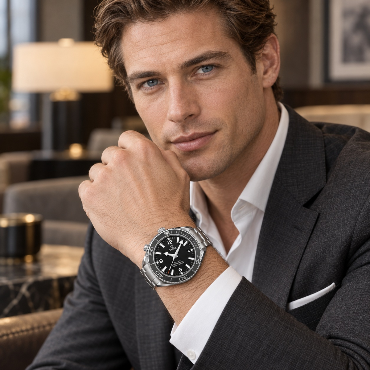 Numeral-Dial Bezel Strap Watch worn by a male model in formal tailored styling